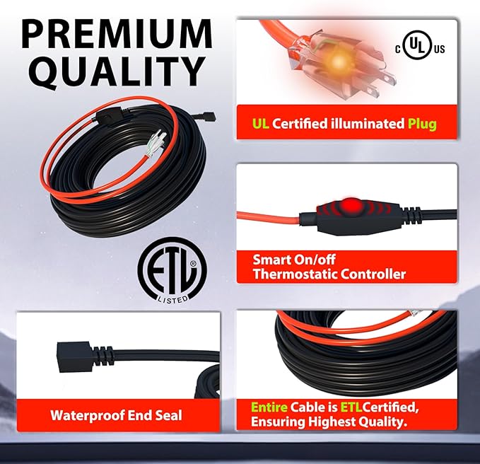 HEATIT Water Pipe Heat Tape Electric Heating Cable Automatic Heat Tape Pipe Freeze Protected Heated Cable 10 Feet