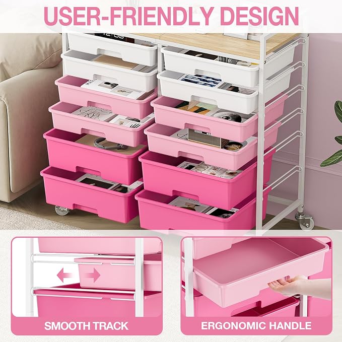 Rolling Storage Cart with 12 Drawers, Wooden Tabletop Utility Cart - Image 5