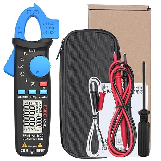 BSIDE DC Amp Clamp Meter 1mA Current True RMS Auto-Ranging 6000 Counts Digital Ammeter Hz Temperature Capacitance Live Check V-Alert Low Impedance Voltage Tester with Back Clip
