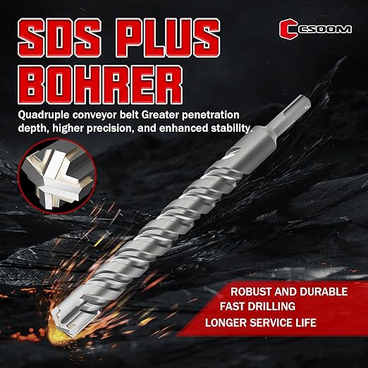 CSOOM SDS Plus Rotary Hammer Drill Bit 7/8"x12.2", Professional Concrete Drill Bit for Concrete, Brick, Stone and Cement Walls