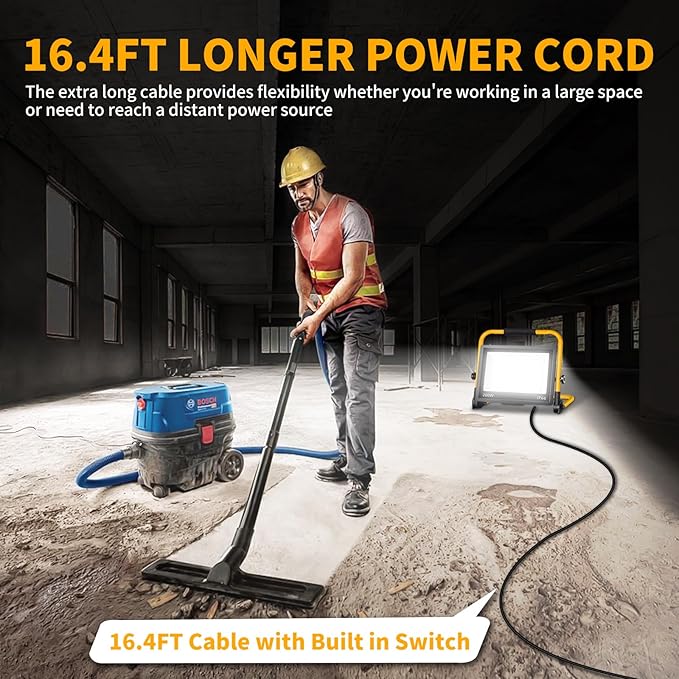 24000LM LED Work Light, 200W Ultra Brighter Flood Light with 16FT Cord Switch, Portable Worklight with Stand, 5000K IP66 Waterproof Outdoor Construction Lighting for Job Site Camping Workshop Garage