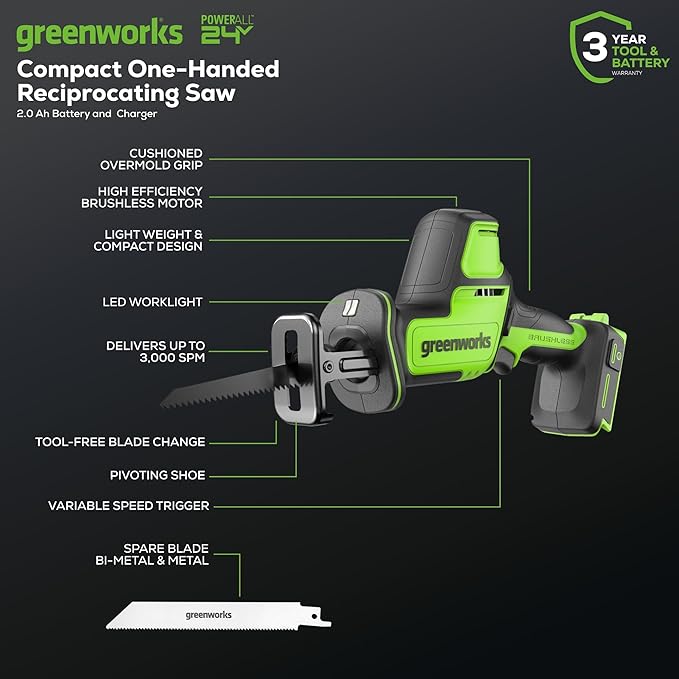 Greenworks 24V Brushless Cordless Reciprocating Saw,1" Compact One-Handed Recip Saw(3,000 SPM),Variable Speed, 2.0Ah Battery and Compact Charger Included,‎ RSG404