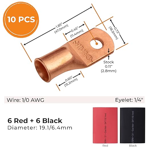 SELTERM 10pcs - 1/0 Awg - 1/4" Stud - Battery Lugs - Ring Terminal Connectors | with 12pcs 3:1 Black & Red Heat Shrink Tubing with Adhesive | Heavy Duty Battery Cable Ends - Bare Copper Wire Lugs Kit