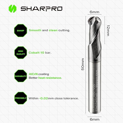 Carbide Ball Nose End Mill 2 Flute 6mm SHK. 6mm Cutting Dia. 3D Carving, High-Speed and Deep Cutting, AlCrN Coated, Apply for Alloy Steel, Stainless Steel and Various Cast Iron.