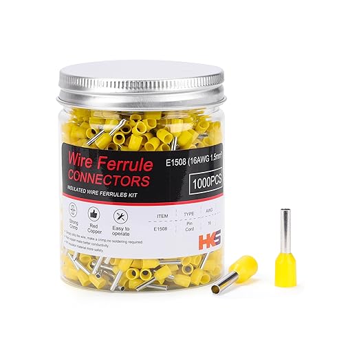HKS 1000PCS Wire Ferrule Connectors - AWG16-1.5mm² Copper Barrel Pin Cord Ends Insulated Ferrules Terminals - E1508 Yellow