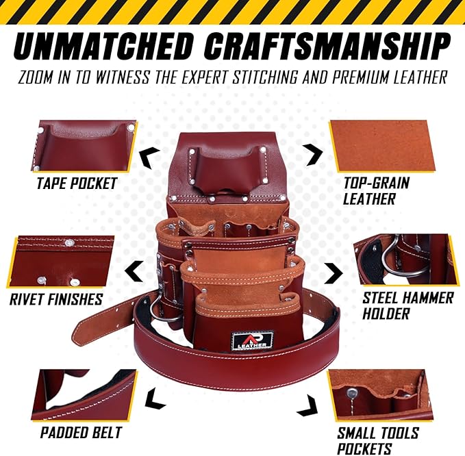 Pro-015 Leather Tool Pouch for Construction,Heavy Duty Hammer Holder,Buckle,3 Pocket Large with Belt, 12 Small Pocket, Tool Organizer