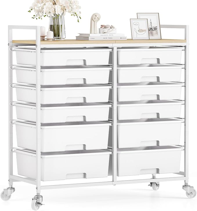 Rolling Storage Cart with 12 Drawers, Wooden Tabletop Utility Cart by TOOLF