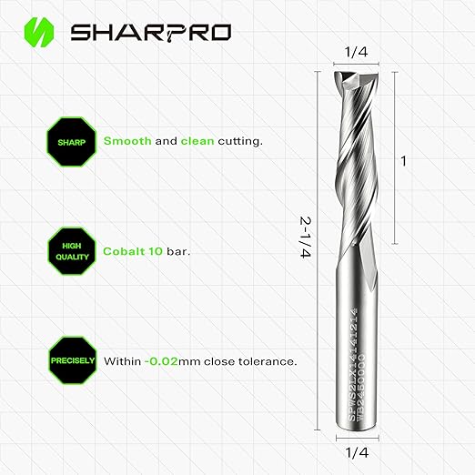 Spiral Upcut Router Bit 1/4 Inch Shank 1/4 Inch Cutting Dia. 1'' CL. Extra Long 2-1/4'' OVL. Carbide Upcut CNC Router Bit, Ideal for Wood Engraving and Plunging Applications