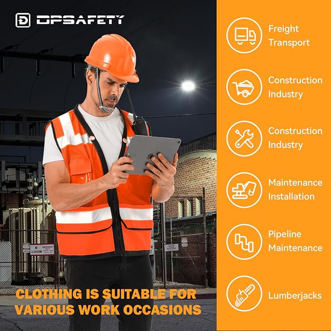Reflective Safety Vest With Back Plan Pocket - High Visibility Class 2 Heavy Duty Surveyor With Zipper - ANSI/ISEA Standard Construction Work for Men & Women (Orange, 3XL)