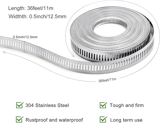 Hose Clamps, DIY 36 FT Metal Strap + 15 Fasteners, Hose Clamps Stainless Steel, Large Adjustable Hose Clamp Pipe Clamp for Pipe Automotive Mechanical Applications