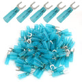 Hordion 100PCS 16-14 AWG Fork Connector, Blue Heat Shrink Fork Terminals Waterproof and Insulated Electrical Crimp Connectors for Boat Truck Stereo