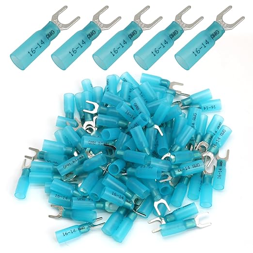 Hordion 100PCS 16-14 AWG Fork Connector, Blue Heat Shrink Fork Terminals Waterproof and Insulated Electrical Crimp Connectors for Boat Truck Stereo