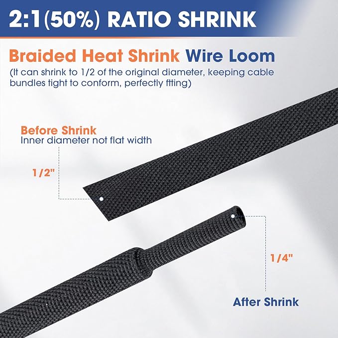 2:1 Heat shrinkable Braided Sleeving Fabric Wire Loom High Temp Heat Shrink Wiring Harness Abrasion Protector Cable Sleeve(1/2"-27ft)