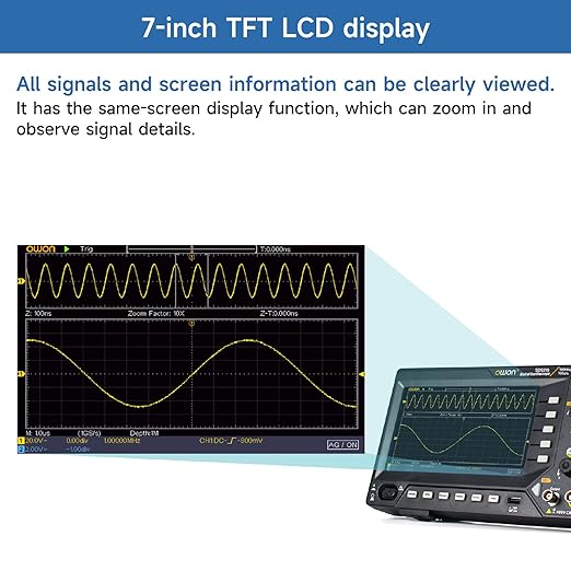 OWON Oscilloscope, Digital Oscilloscope Dual Channel 100MHz Bandwidth Oscillograph, with 7” TFT LCD Display (100MHz / 2CH / OWON SDS210)