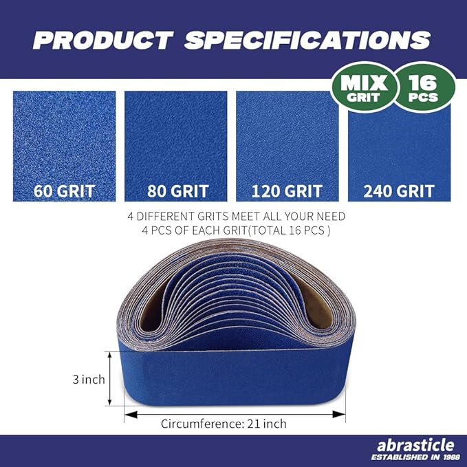 3" x 21" Zirconia Sanding Belts for Metal, 3 x 21 Inch Zirconia Metal Grinding Sand Paper, 16 PCS 4 Each of 60/80/120/240 Assorted Grits