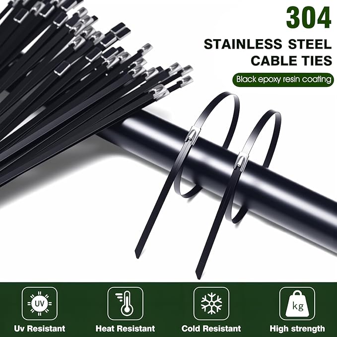 Black Metal Zip Ties with Stainless Steel Cable Tie Gun for Fastening and Cutting Metal Cable Ties, with 100pcs 11.8inch Uv Resistant Steel Zip Ties for Chain Link Fence, Exhaust Pipe