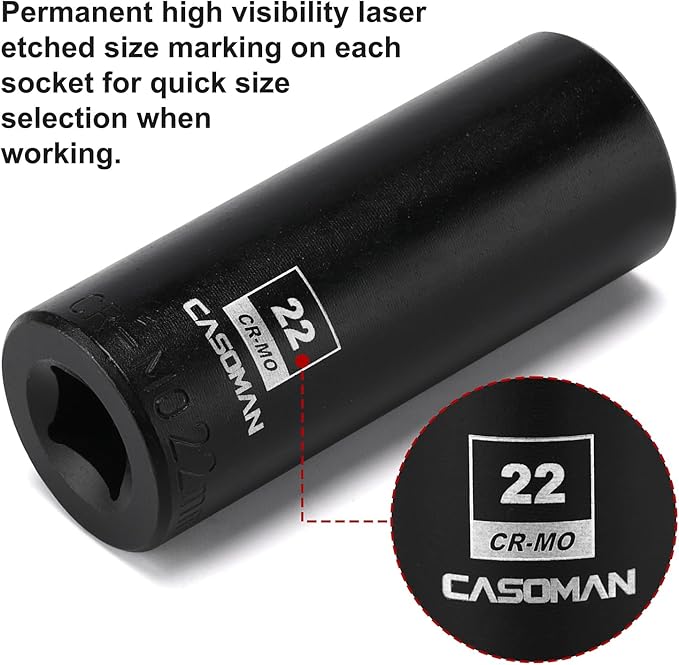 CASOMAN 1/2-Inch Drive x 22mm Deep Impact Sockets, 2 PCS Set, 6-Point, Metric, CR-MO
