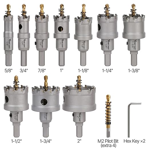 16PCS Carbide Hole Saw Kit, 5/8'' to 2'' Metal Hole Cutter with Pilot Drill, Holesaw for Hard Metal, Stainless Steel, Iron, Mild Steel, Aluminium, Alloy, Plastic, Fiberglass
