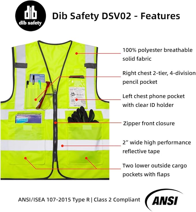 Dib Safety Vest Reflective ANSI Class 2, High Visibility Vest with Pockets and Zipper, Construction Work Vest Hi Vis Yellow 2XL