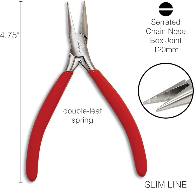 The Beadsmith Slim Line Serrated Chain Nose Pliers, 4.75 inches (120mm) with polished steel head, red PVC comfort grip handle with double-leaf spring, tool for jewelry making