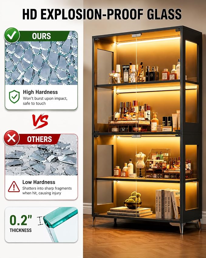 Display Cabinet with Glass Doors, 4-Tier Curio Cabinet with Adjustable Shelves - Image 8