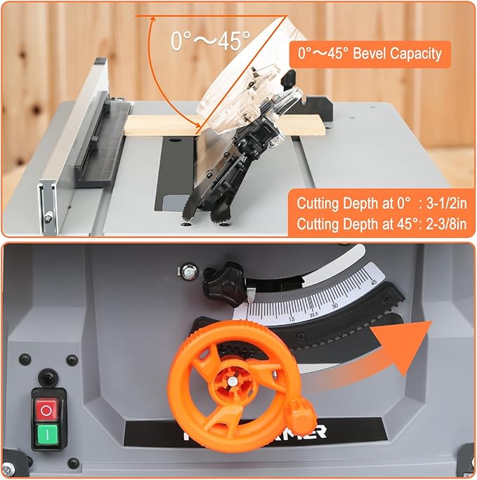 Prostormer 10 Inch Table Saw with Stand, 15A 5000RPM Portable Benchtop Saw, 45°Bevel Cutting Tabletop Saw for Woodworking
