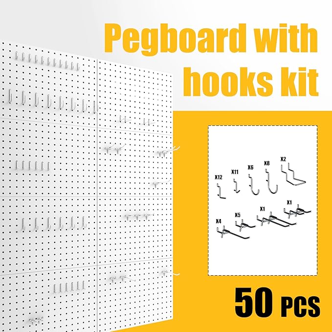 Peg Board, 8 Pack Metal Pegboard Panels White Pegboards Wall Organizer with Bent Frame Heavy Duty Peg Board for Walls Home, Garage Tool Storage, Office Organization, Craft Room, Kitchen