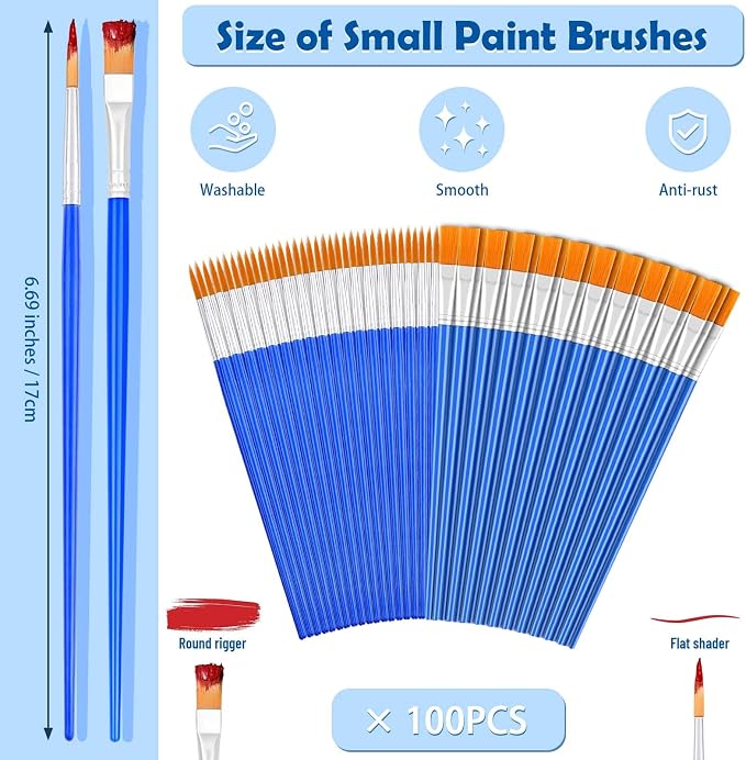 Small Paint Brushes Bulk, Anezus 100 Pcs Flat and Round Pointed Brushes Craft - Image 3
