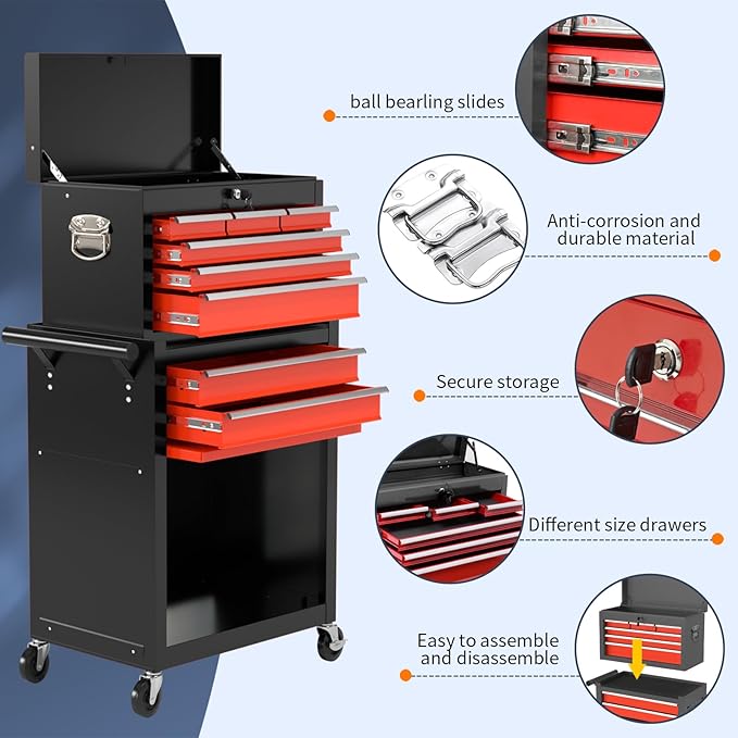 8-Drawer High Capacity Rolling Tool Chest with Wheels, Big Tool Storage Removable Tool Box Combo, Tool Storage Cabinet with Lockable Drawers, Toolbox for Workshop (Black&Red)