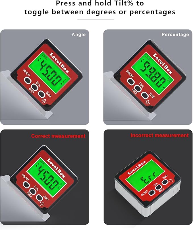 Digital Inclinometer Angle Finder Gauge, IP54 Digital Electronic Protractor Bevel Gauge, Inclinometer Angle Cube Level Box with LCD screen for Woodworking, Table Saw and etc