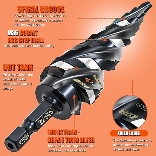 Four Spiral Flute Step Drill Bit for Metal,M35 Cobalt Unibit Step Drill Bit Set 1/8"-7/8" (3 pcs),Wear-Resistant AlTiN Coated,1/4" Hex Shank for Metal, Stainless Steel, Aluminum, Plastic
