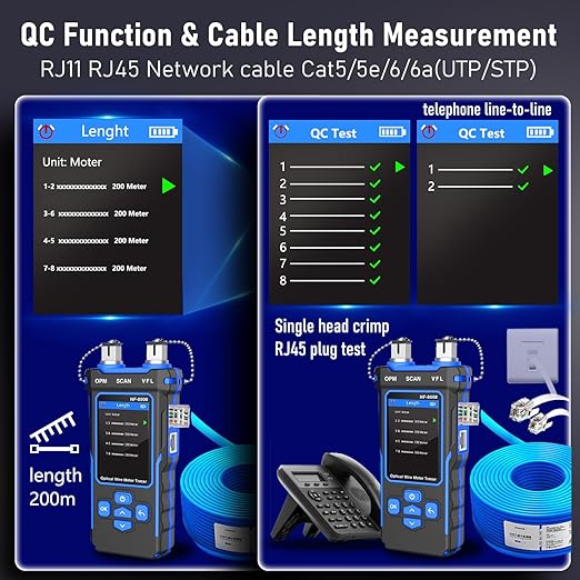NF-8508 Network Cable Tester with Optical Power Meter 10mw Visual Fault Locator,POE/NCV/RJ11 RJ45/CAT5 CAT6 Cable Toner Ethernet Tester,Length Measurement,Fiber Find Fault Test Phone Line Tracer