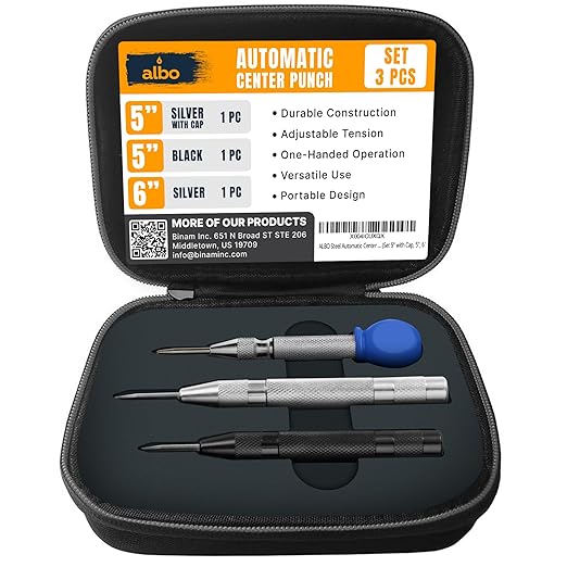 ALBO Automatic Center Punch Set – 3 Heavy Duty Spring Loaded Punch Tools for Metal, Wood, Steel – Precision Tips, Galvanized & Blackened Options, Storage Box – Ideal for DIY, Workshop & Professionals