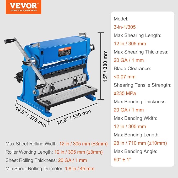 VEVOR Sheet Metal Brake, 12-inch, 3-In-1 Combination Shear Brake Roll Machine, 20-Gauge Capacity Shear Press Brake with 90° Max Bending Angle, Shears and Slip Roll Machine for Shear Bending Rolling