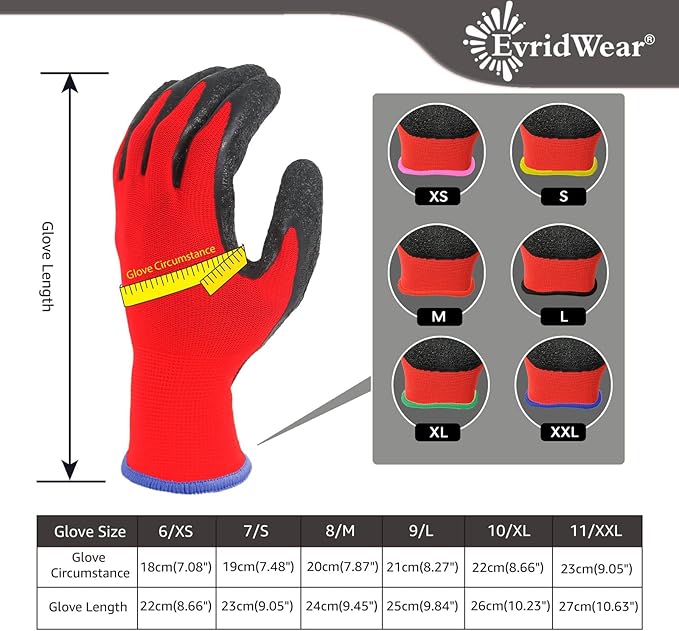 Evridwear Crinkle Latex Rubber Hand Coated Safety Work Gloves for Men Women General Multi Use Construction Warehouse Gardening Assembly Landscaping (XS-Size) 12 Pairs Pack