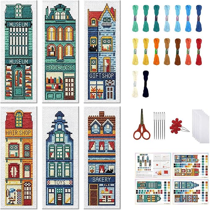 FREEBLOSS 6 Set Cross Stitch Bookmark Kit Stamped Cross Stitch Kit Street View by FreeandCreativeCraftsArt