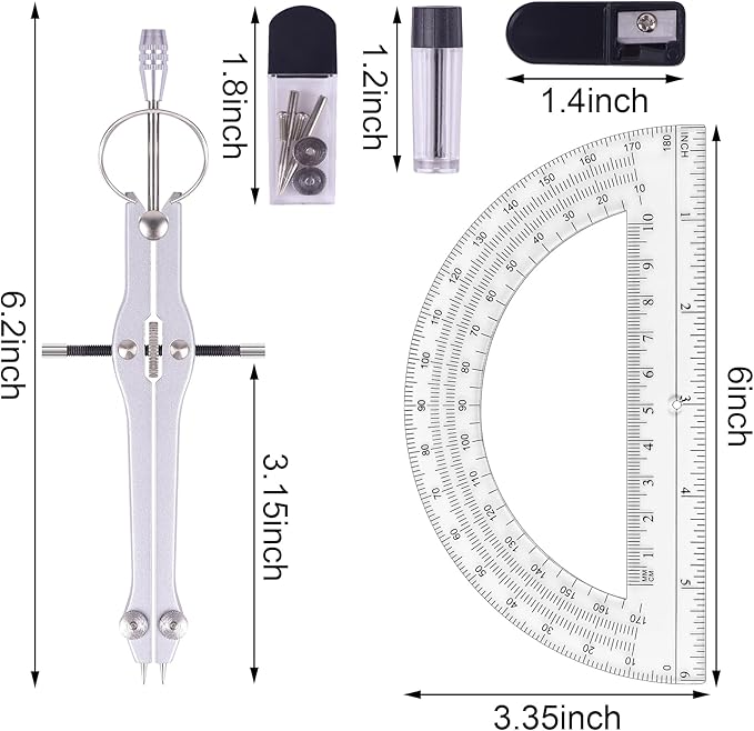 Compass and Protractor Set, Professional Drawing Compass Tool, Metal Compass with Extra Refills, Compass for Geometry and 6 Inch Math Protractors 180 Degree (Red)