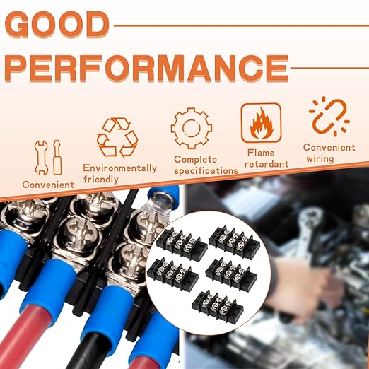 6 Circuits 6 Positions Terminal Block 20-30A 200-450V Dual Row Screw Terminals Strip with 48 PCS Heat Shrink Wire Fork Connectors(Pack of 4pcs)