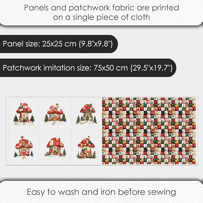 Christmas Patchwork Mushroom House Fabric Panel – Single Continuous Cotton - Image 4