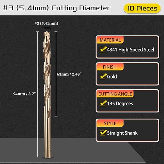 Drill Bit, #3 Cutting Diameter, 4341 HSS Gold Finish 135° Cutting Angle Number Jobber Bits - (Applications: for Drilling Soft Metal Plastic Wood), 10-Pieces