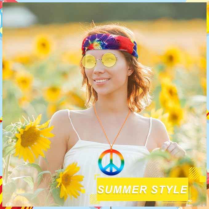 MTLEE 24 Pcs Hippie Costume Set Accessories Includes Peace Sign Necklaces Tie - Image 7