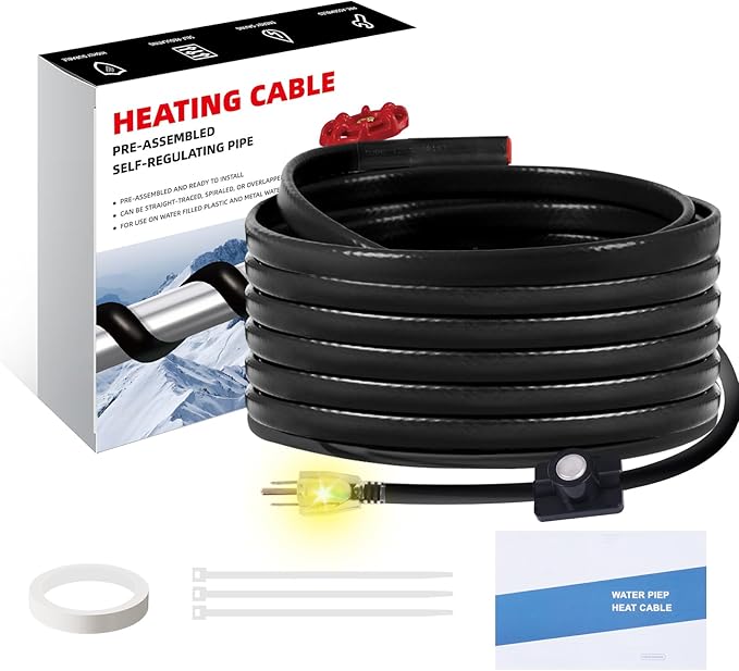 25 FT Pipe Heat Cable for Water Pipe Freeze Protection, Prevent Freezing & Easy Installation, Water Pipe Heat Cable With Thermostat Self-Regulating, Pipe Heating Trace System 120 V