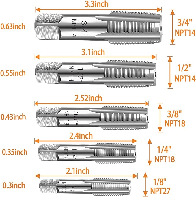 5-Piece NPT Pipe Tap Set, Precision Carbon Steel NPT Tap Set for Clean Accurate Threads, 3/4", 1/2", 3/8", 1/4", 1/8" NPT Tap, Perfect for Plumbers Mechanics DIYers, with Durable Plastic Case