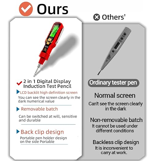2 in 1 Digital Display Induction Test Pencil, Non-Contact Voltage Tester with LCD Display, Non-Contact AC Voltage Tester Pen, Smart Voltage Test Pen for AC/DC Circuit Detection (Red+Black)