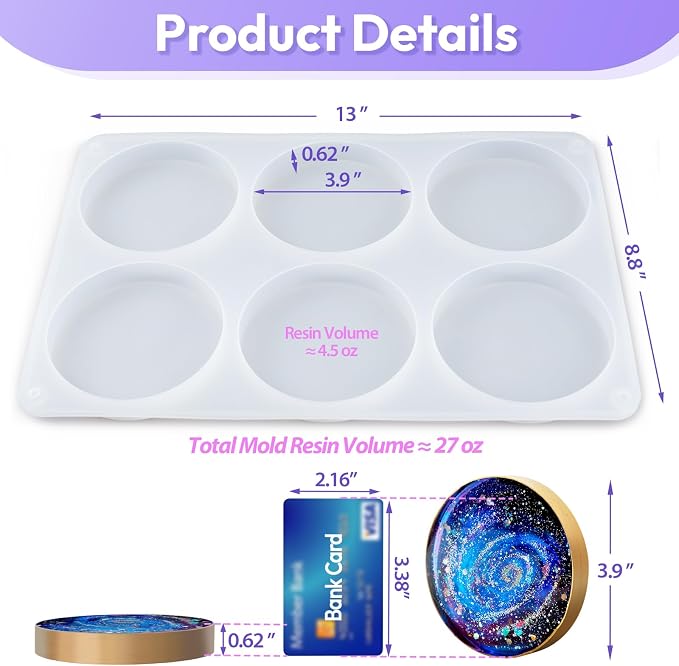 HeyClear Silicone Molds for Resin Coasters, 6-Cavity Round Epoxy Resin Molds - Image 3