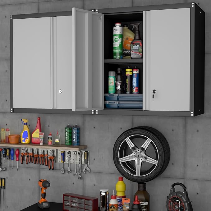 Metal Garage Wall Cabinet, Metal Wall Mounted Storage Cabinets with Lockable Doors and Adjustable Shelves, Floating Tool Cabinet for Garage, Home Office, Kitchen,BlackGrey