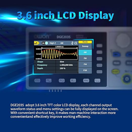 OWON DGE2035 Dual-Channel Arbitrary Waveform Generator, 35MHz Function Generator, 125MSa/s Sampling Rate, 14-bit Resolution, 3.6” TFT LCD, Signal Generator with AM/FM/FSK Modulation, PC Control