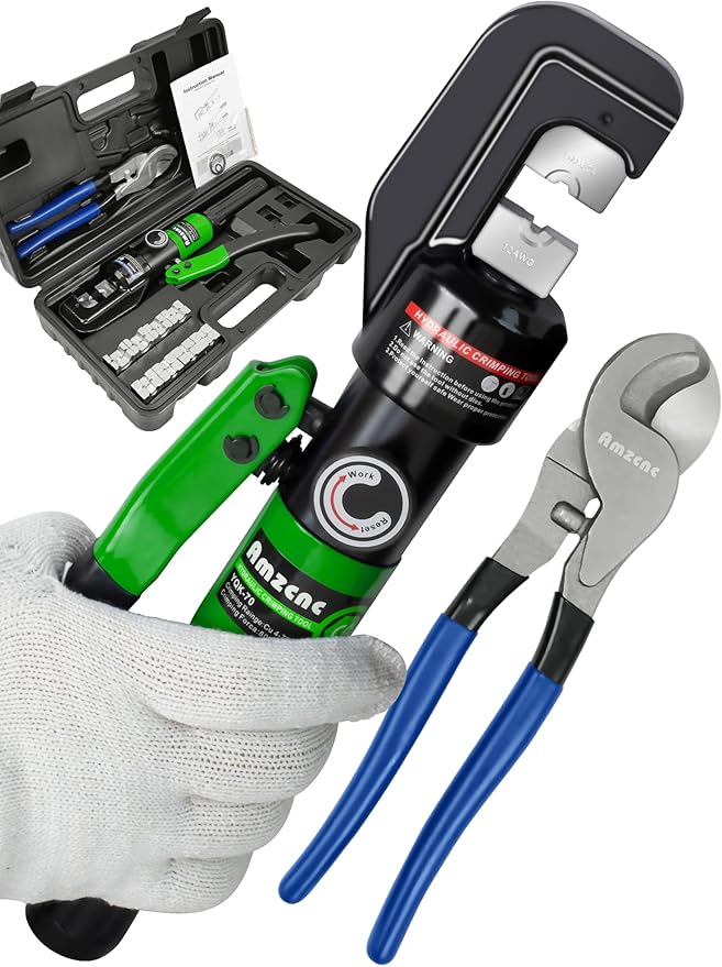AMZCNC Hydraulic Cable Lug Crimper 8 US TON 12 AWG to 00 (2/0) Electrical Terminal Cable Wire Tool Kit with 9 Die (Crimping Tool and Copper wire scissors)