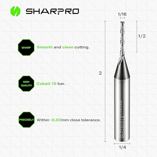 Spiral Upcut Router Bit 1/4 Inch Shank 1/16 Inch Cutting Dia. 1/2'' CL. Extra Long 2'' OVL. Carbide Upcut CNC Router Bit, Ideal for Wood Engraving and Plunging Applications