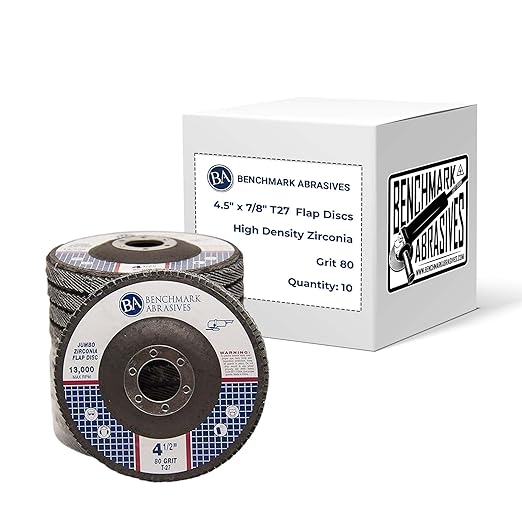 Benchmark Abrasives 4.5" x 7/8" Premium High Density Jumbo Zirconia Type 27 Flap Discs 4 1/2 for Angle Grinder, Sanding Discs, Finishing - Grinding Wheels 4 1/2 inch - (10 Pack) - 80
